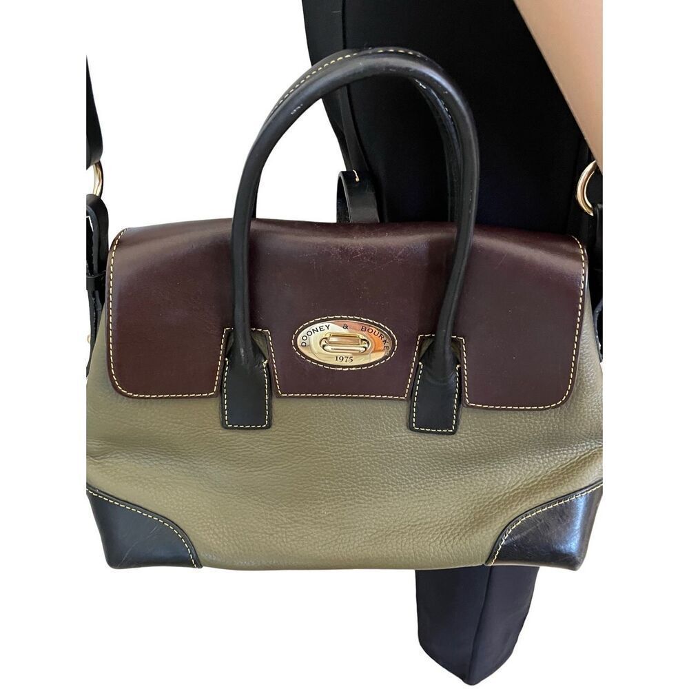 Dooney & Bourke Olive Elisa Leather Satchel W Brown Flap, Black Handles and Shou